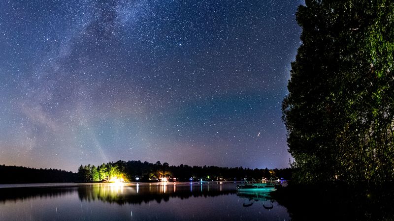 lake, night, starry sky, dark, landscape, 4k