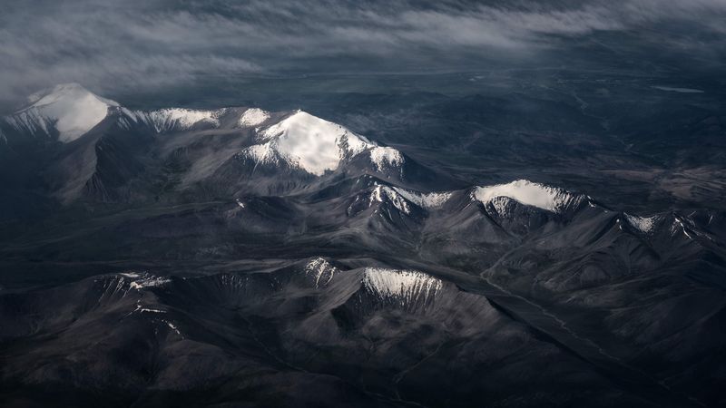mountains, mountain range, aerial view, peaks, snowy, 4k
