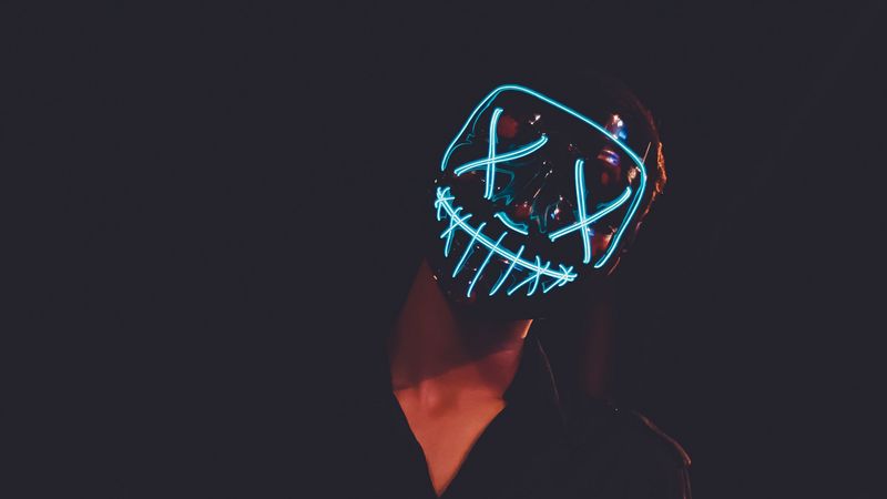 mask, neon, glow, dark, silhouette, 4k