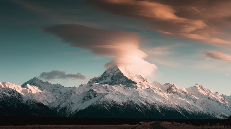 mountains, peak, clouds, snowy, landscape, 4k