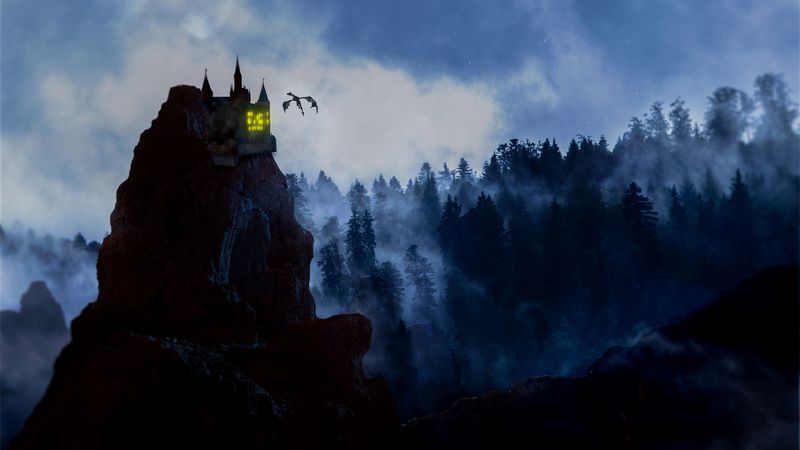 rock, castle, dragon, fog, forest, 4k