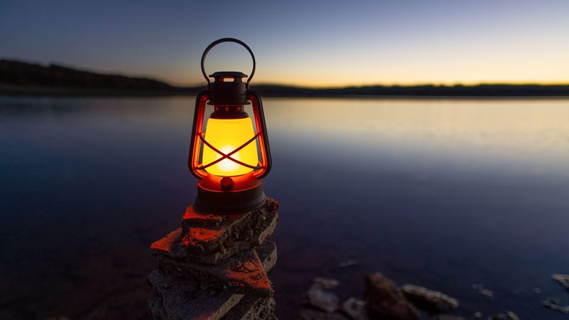 lantern, light, stones, lake, shore, 4k