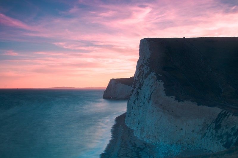 long exposure, cliff, sunset, sea, ocean, pink, nature, hd, 4k, 5k