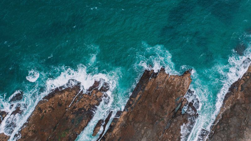 sea, rocks, aerial view, coast, water, 4k