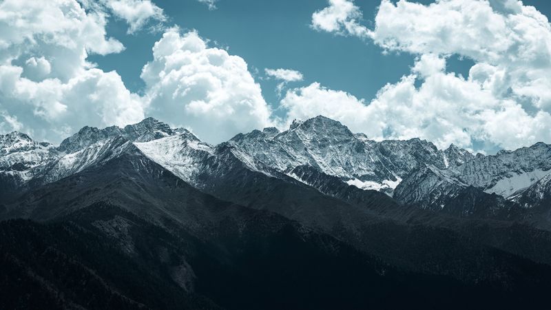 mountains, peaks, clouds, snowy, landscape, 4k