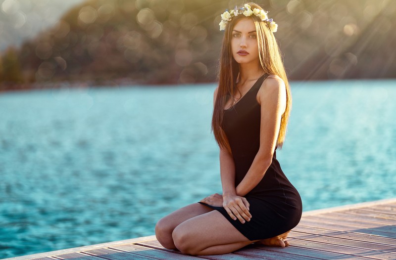 black dress, pier, girls, model, hd, long hair