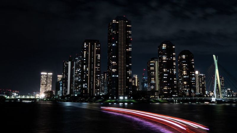 night city, buildings, architecture, lights, dark, coast, 4k