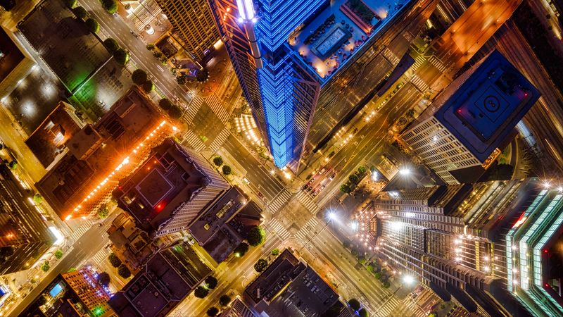 night city, architecture, building, aerial view, road, 4k