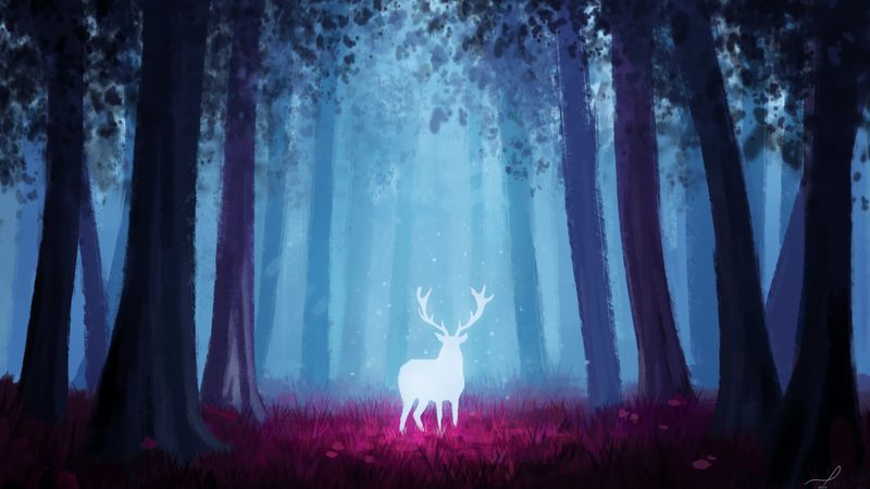 deer, forest, art, light, glow, 4k