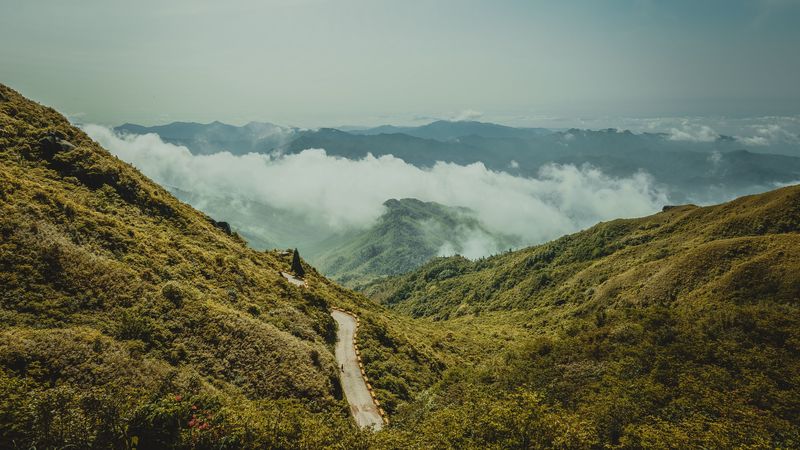 mountains, road, aerial view, fog, clouds, nature, 4k