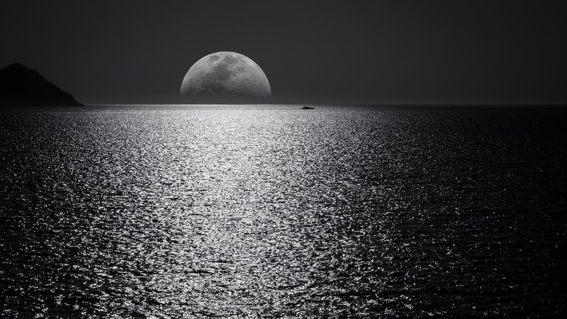 monochrome, black and white, dark, moon, nature, hd, 4k
