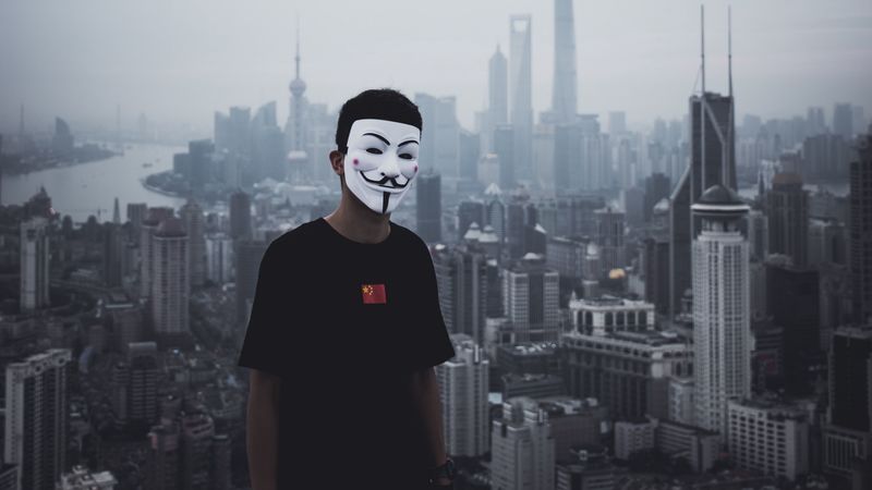 man, mask, city, buildings, view, overview, 4k