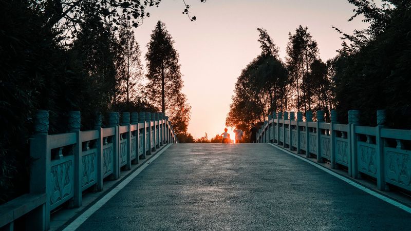 bridge, road, asphalt, sunset, dusk, 4k