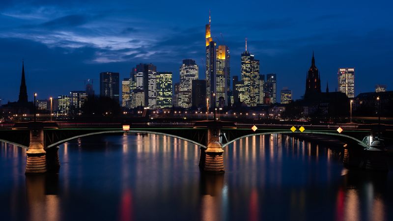 night city, bridge, river, buildings, architecture, lights, 4k