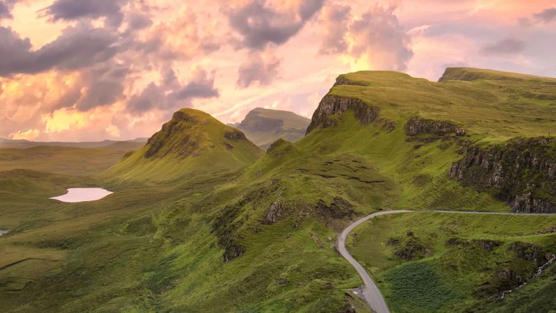 road, mountains, aerial view, greenery, landscape, 4k