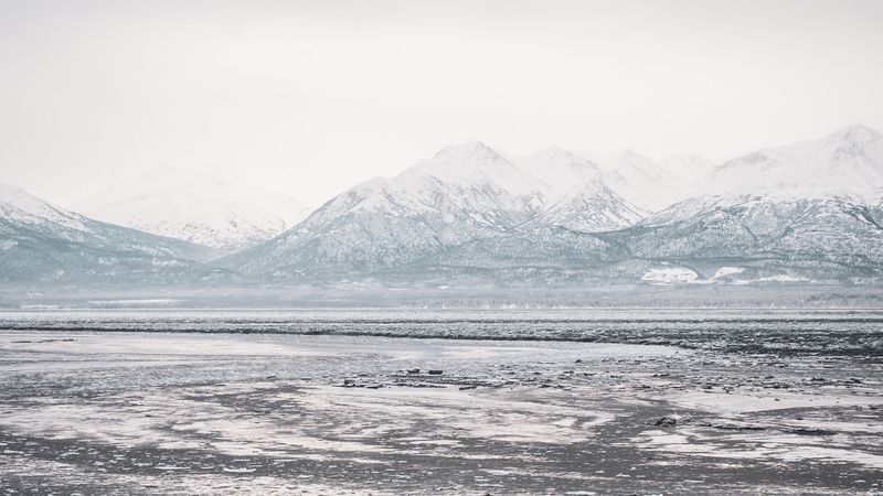 lake, mountains, frozen, ice, snow, winter, 4k