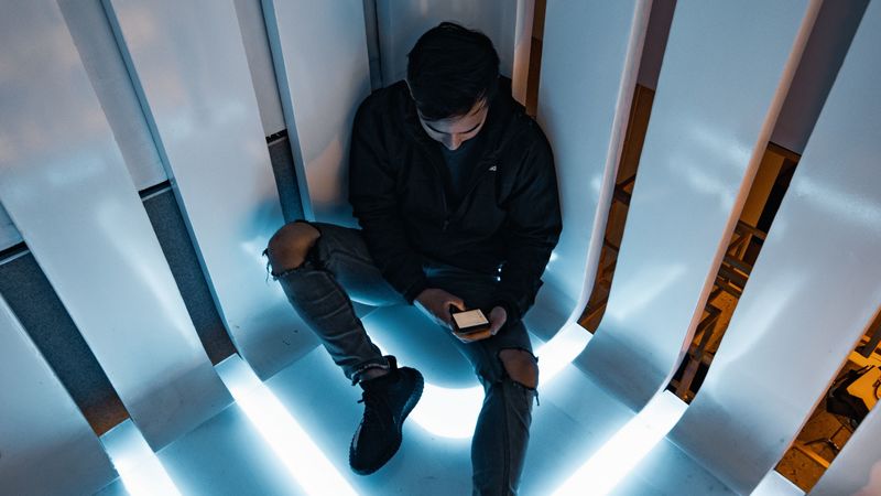 man, phone, neon, light, 4k