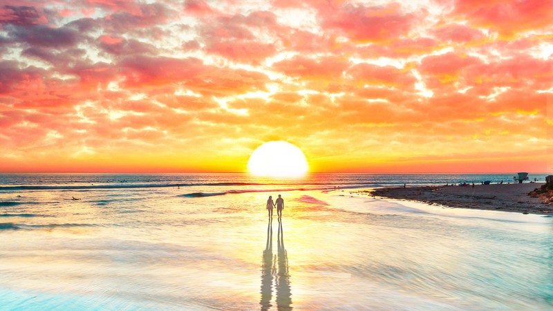 love, couple, beach, artist, artwork, digital art, hd, 4k, sunset, illustration