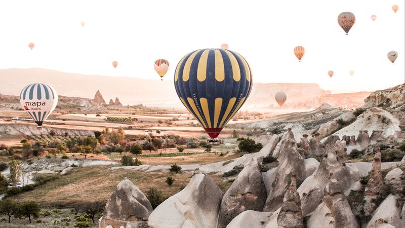 air balloons, rocks, mountains, aerial view, nature, 4k