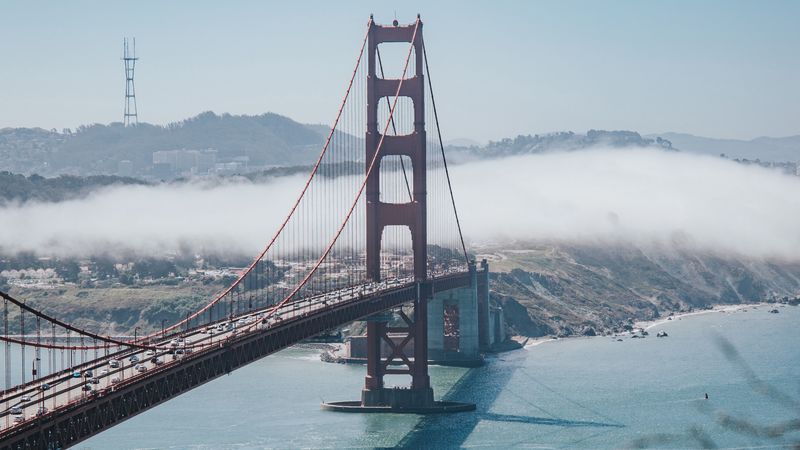bridge, strait, aerial view, coast, fog, 4k