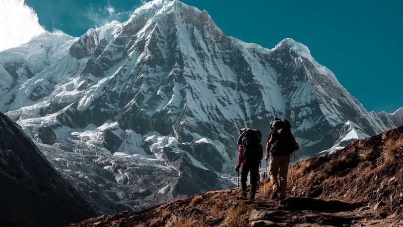 mountain, peak, tourists, trekking, nature, 4k
