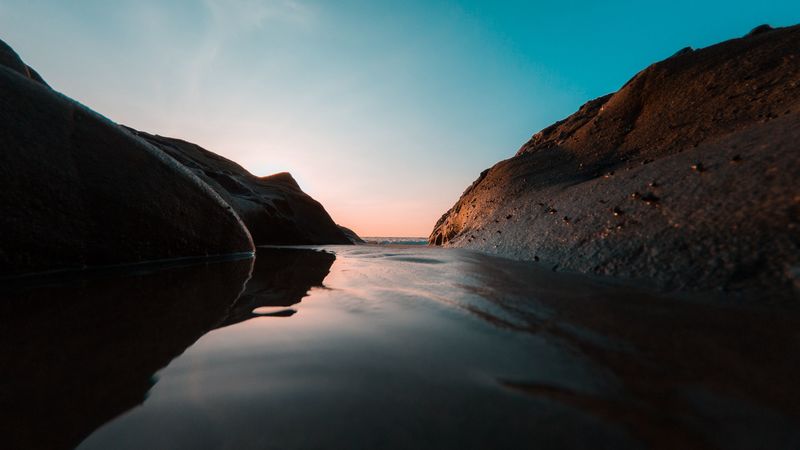 river, water, shore, dusk, stream, 4k