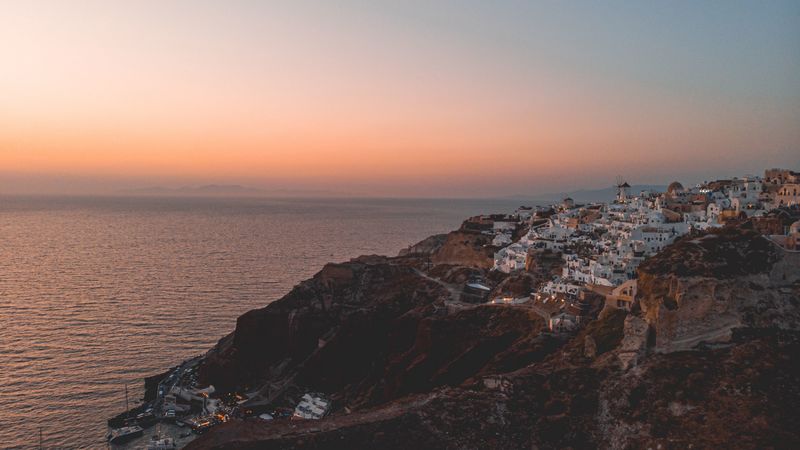 town, coast, aerial view, mountains, sea, 4k