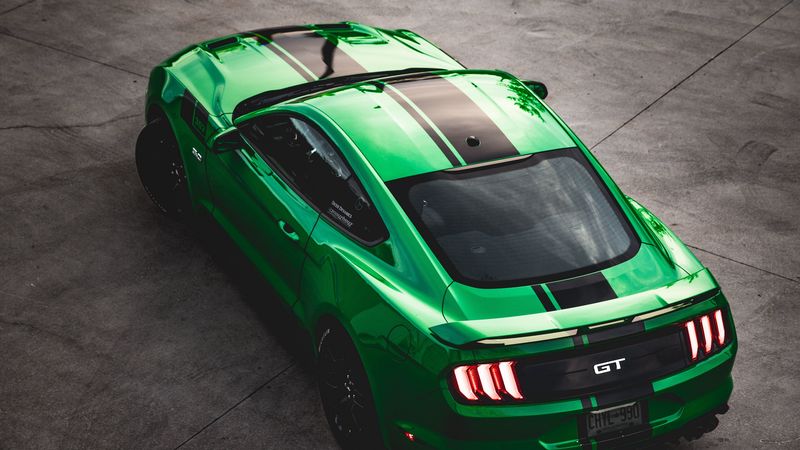 ford mustang gt, ford, car, green, sportscar, aerial view, 4k