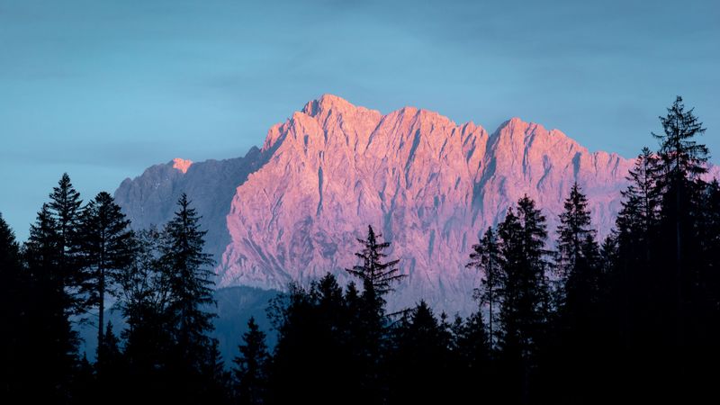 mountain, trees, fog, dusk, landscape, 4k