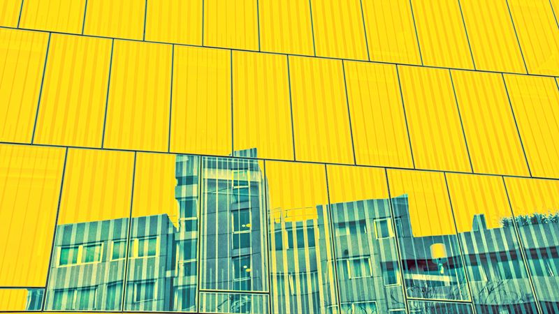 building, facade, panels, yellow, reflection, 4k