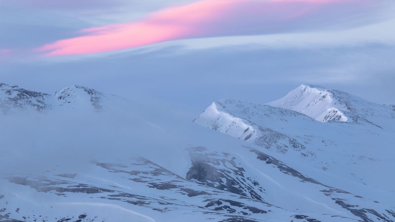 mountains, snow, snowy, landscape, dusk, 4k