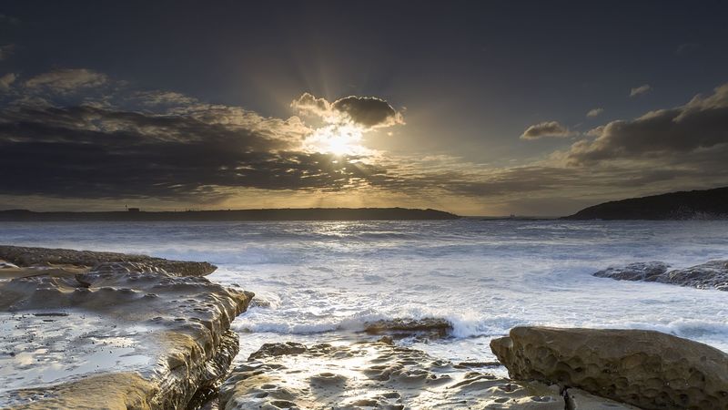 stones, sea, rays, horizon, 4k