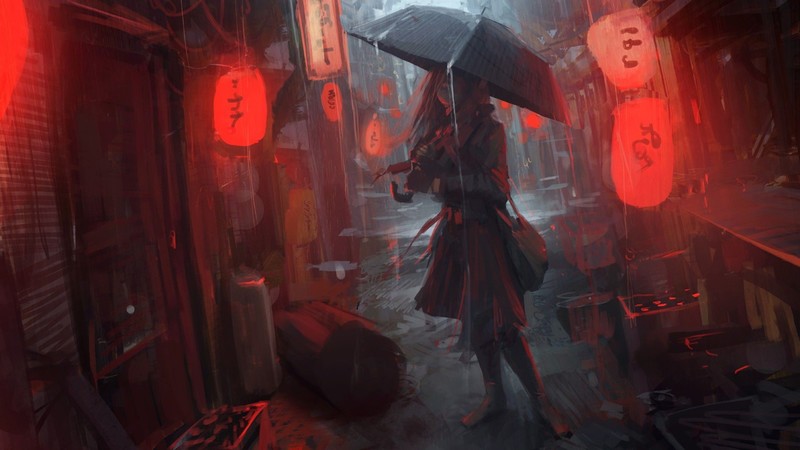 anime girl, anime, artist, artwork, digital art, hd, rain, umbrella