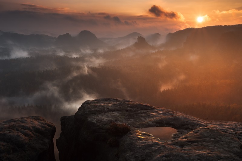 fog, clouds, forest, sunset, rocks, nature, hd, 4k, 5k
