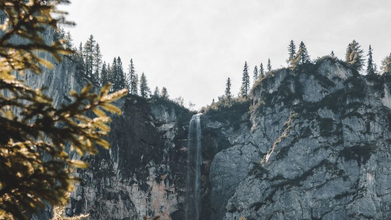 waterfall, cliff, rock, trees, landscape, 4k