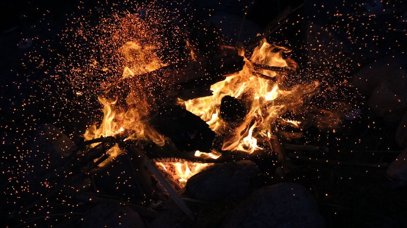 bonfire, fire, sparks, dark, flame, 4k