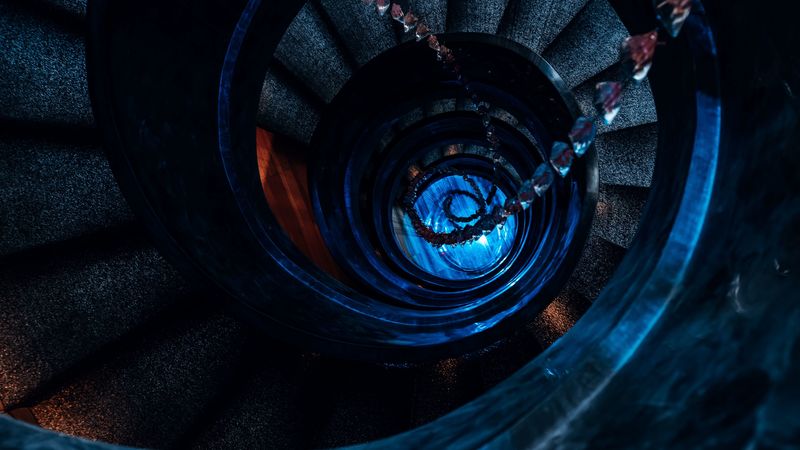 staircase, spiral, dark, construction, 4k