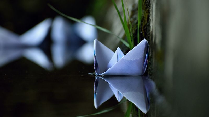 boat, origami, paper, water, 4k