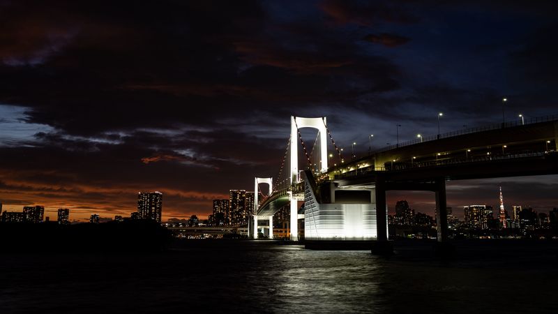 bridge, river, city, dark, backlight, buildings, 4k