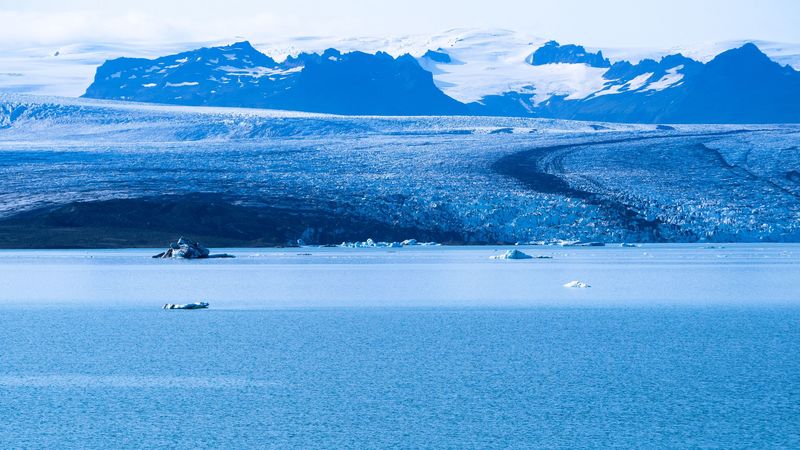 sea, ice, glacier, shore, mountains, landscape, 4k
