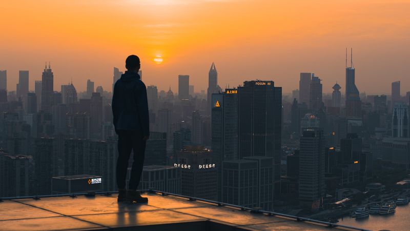 roof, man, city, sunset, buildings, overview, 4k