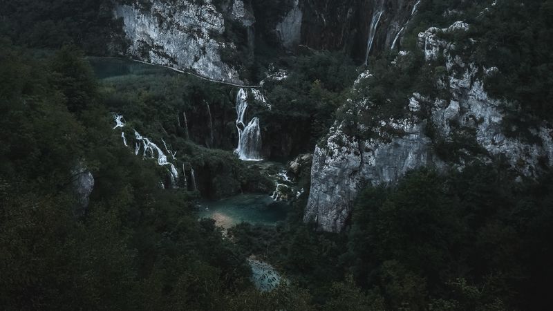 mountains, waterfall, aerial view, nature, landscape, 4k