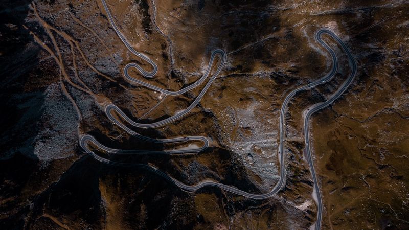 road, serpentine, aerial view, mountains, winding, 4k