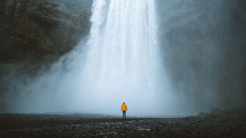 waterfall, silhouette, man, water, clif, 4k