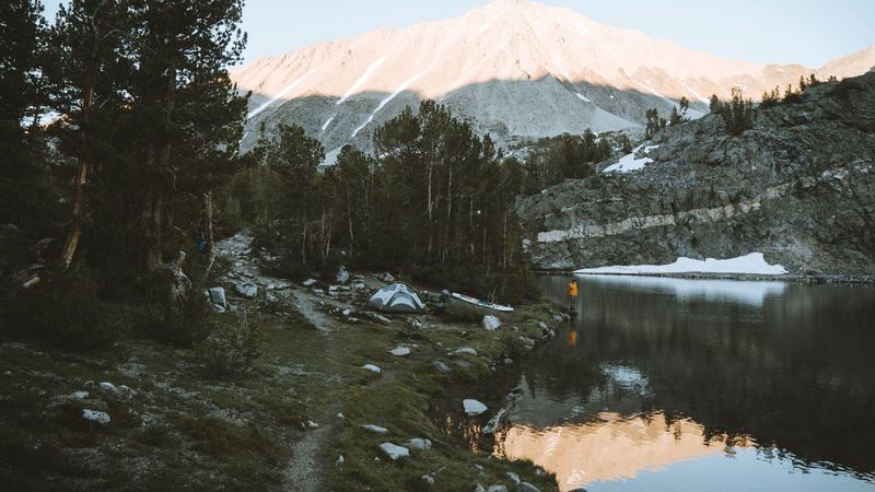 lake, mountains, shore, man, camping, nature, 4k