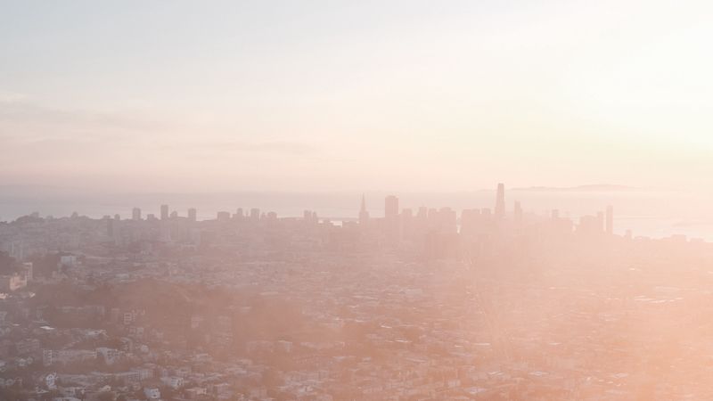 city, fog, aerial view, dawn, cityscape, 4k