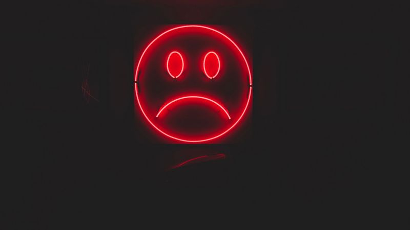 smile, smiley, sad, neon, red, dark, 4k