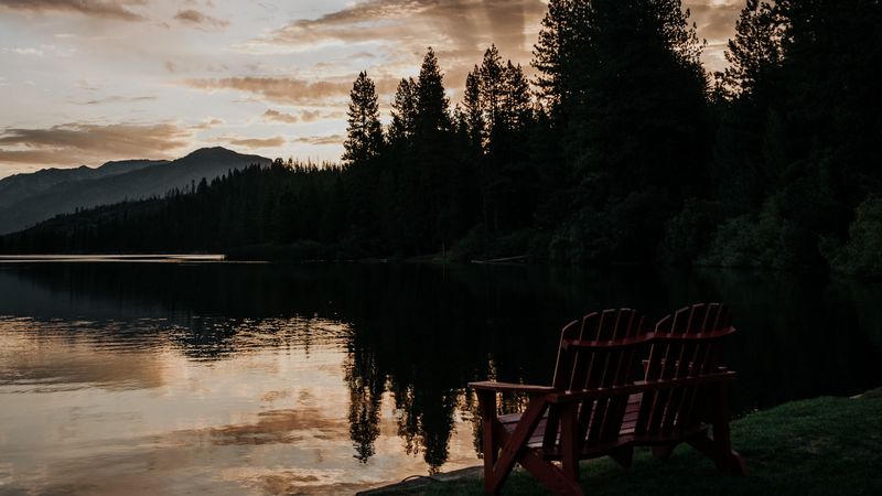 lake, shore, bench, dark, dusk, 4k