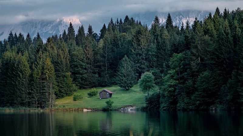 lake, lawn, house, forest, mountains, nature, 4k