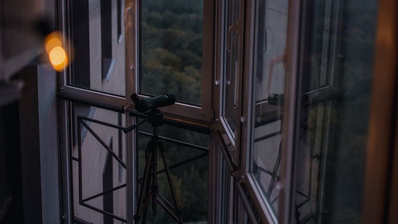balcony, window, telescope, garland, glare, 4k